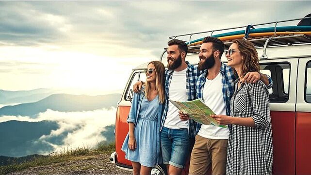 Three friends stand by a redwhite van with surfboards atop holding a map mountain view backdrop