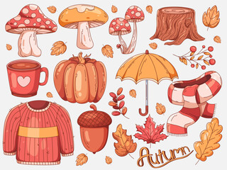 Cartoon illustration set of autumn elements including mushrooms, pumpkin, sweater, acorn, umbrella, scarf, hot drink, tree stump, berries, and colorful fall leaves in warm seasonal tones.