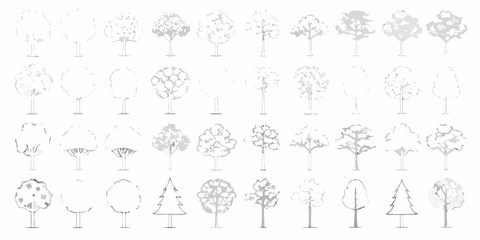 Collection of diverse stylized trees in various shapes and sizes with grayscale shading on a white background