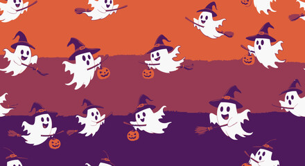 Cute Halloween pattern with many happy cartoon ghosts wearing witch hats, flying on brooms, and carrying pumpkin candy buckets.