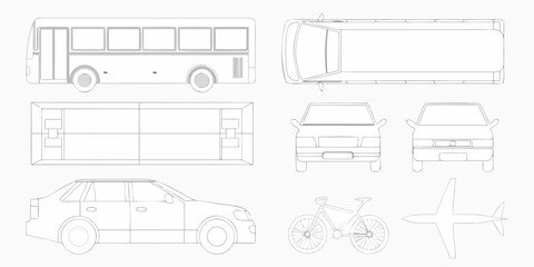 Collection of vehicle blueprints and outlines including a bus car bicycle and airplane from various angles