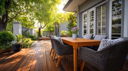 New wooden deck with patio furniture in backyard.