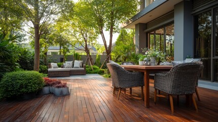 New wooden deck with patio furniture in backyard.