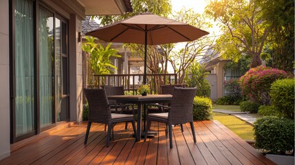New wooden deck with patio furniture in backyard.