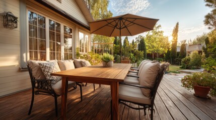 New wooden deck with patio furniture in backyard.