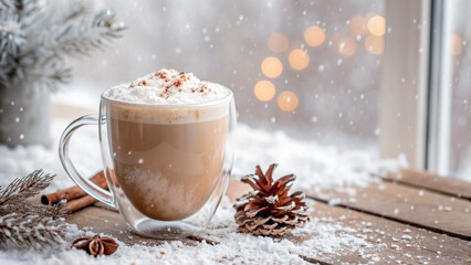 Glass cup of hot winter drink with whipped cream and cinnamon on rustic wooden table, snowy holiday background, cozy Christmas seasonal beverage concept.