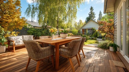 New wooden deck with patio furniture in backyard.