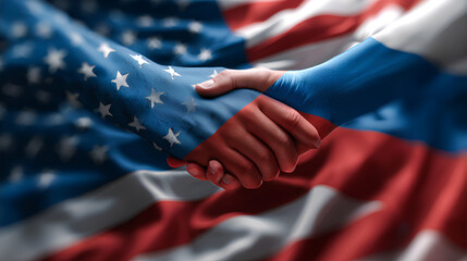 Naklejka premium US And Russia Meeting as diplomatic flag symbols for negotiations concept to negotiate a ceasefire or peace agreement or cease fire to mediate mediation and arbitration betweem Moscow and Kyiv. Stock 