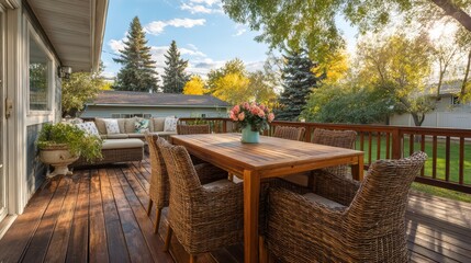 New wooden deck with patio furniture in backyard.