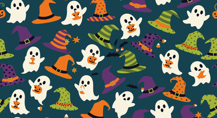 Fototapeta premium Halloween themed pattern featuring ghosts holding pumpkins and various colorful witch hats against a teal background.