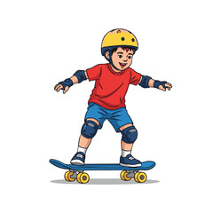 Obraz premium Happy cartoon boy wearing a helmet and protective pads learns to ride a skateboard, enjoying a fun and safe outdoor sport activity