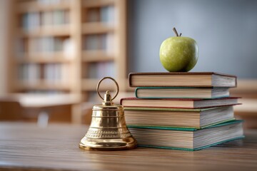 stack of colorful books, green apple, and classic school bell on wooden table with blurred classroom background, nostalgic school theme, no text.