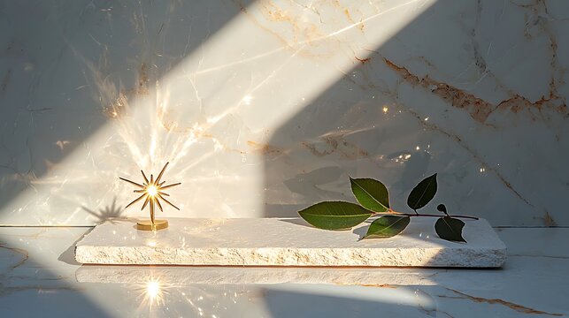 Geometric gold star and green leaf on stone slab dramatic light and shadow brass metal