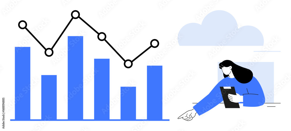 Poster bar chart and line graph representing data trends, woman holding a tablet interacting with insights.