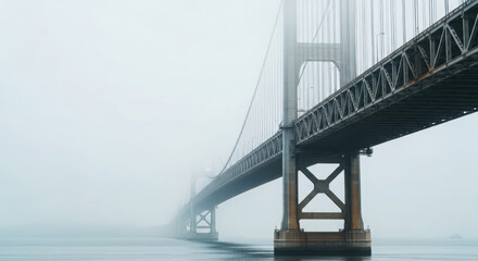 Fototapeta premium Suspension Bridge Crossing Calm Water Under Foggy Sky
