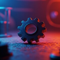Industrial gear with contrasting blue and red neon glow.