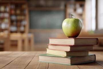 stack of colorful books, green apple, and classic school bell on wooden table with blurred classroom background, nostalgic school theme, no text.