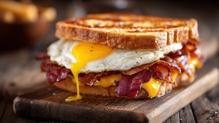 Delicious breakfast sandwich featuring crispy bacon, fried egg, and melted cheese nestled between perfectly toasted slices of bread for a hearty meal