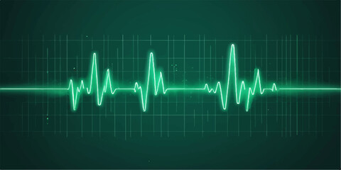 A cardiogram illustration of a green heartbeat pulse on a hospital monitor, showing a healthy medical rhythm