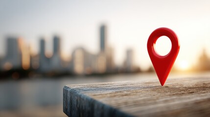 Red location pin on wooden table with blurred city skyline in background during sunset, symbolizing navigation and travel concept for urban exploration.