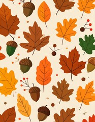 Obraz premium Autumn leaves and acorns pattern on light background