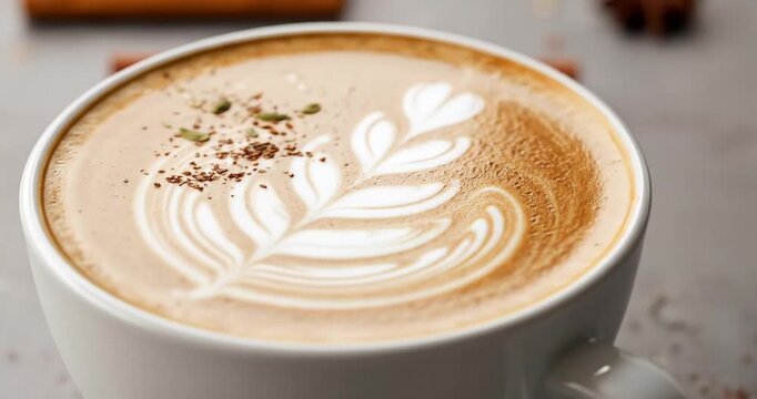 Creamy latte art with spices on a textured surface