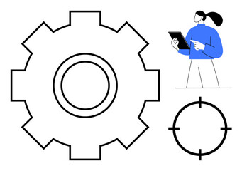 Gear and target focus concept with person in blue holding a tablet for decision-making. Ideal for business, management, process, strategy, productivity, technology, simple landing page
