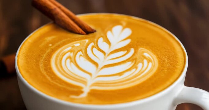 Creamy latte art with cinnamon stick on wooden table
