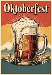 Overflowing beer mug celebrating oktoberfest with mountain view