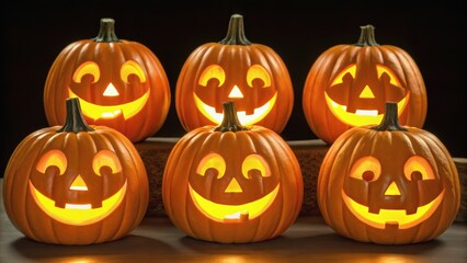 Six cheerful, carved pumpkins glow warmly, showcasing their playful expressions against a dark backdrop, embodying festive Halloween spirit.