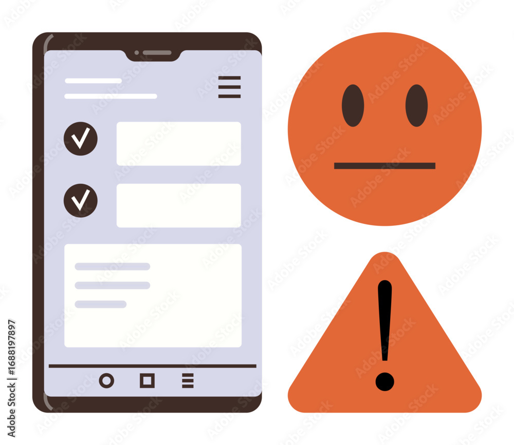 Poster smartphone displaying a checklist interface alongside a neutral face and warning sign. ideal for pro