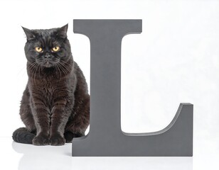 Black cat sitting beside a large letter L on white