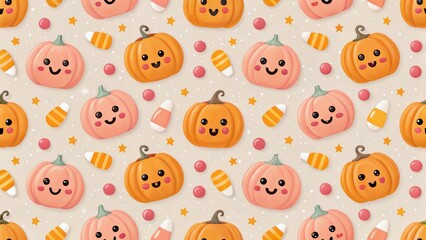 Fototapeta premium Cheerful pattern of cute, smiling pumpkins and candy on a light background, perfect for autumn-themed designs.