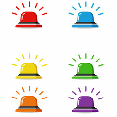 Colorful set of six flat design warning light icons: red, blue, yellow, green, orange, purple. Ideal for alerts, emergencies, and notifications.