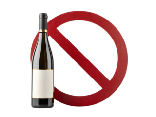 Wine bottle with blank label and red prohibition sign isolated on white background, concept of no alcohol, ban, restriction, or stop drinking