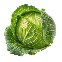 Obraz premium Fresh green cabbage head isolated on white background, organic leafy vegetable with water drops for cooking and healthy diet