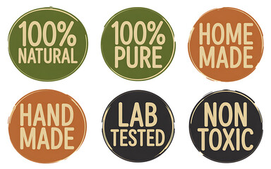 Collection of six oval labels for products isolated on transparent background