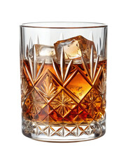 Glass of whiskey with ice cubes in crystal tumbler isolated on white background