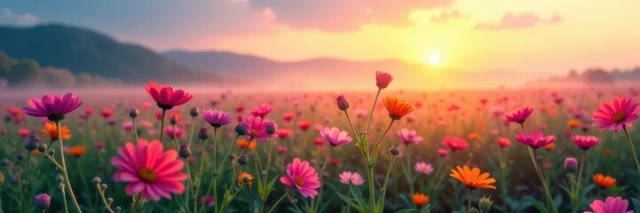Misty dawn paints a field of wildflowers with soft hues , nature, image