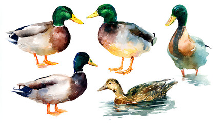Watercolor ducks set hand drawn mallard birds in standing and swimming poses on white background Stock Illustration