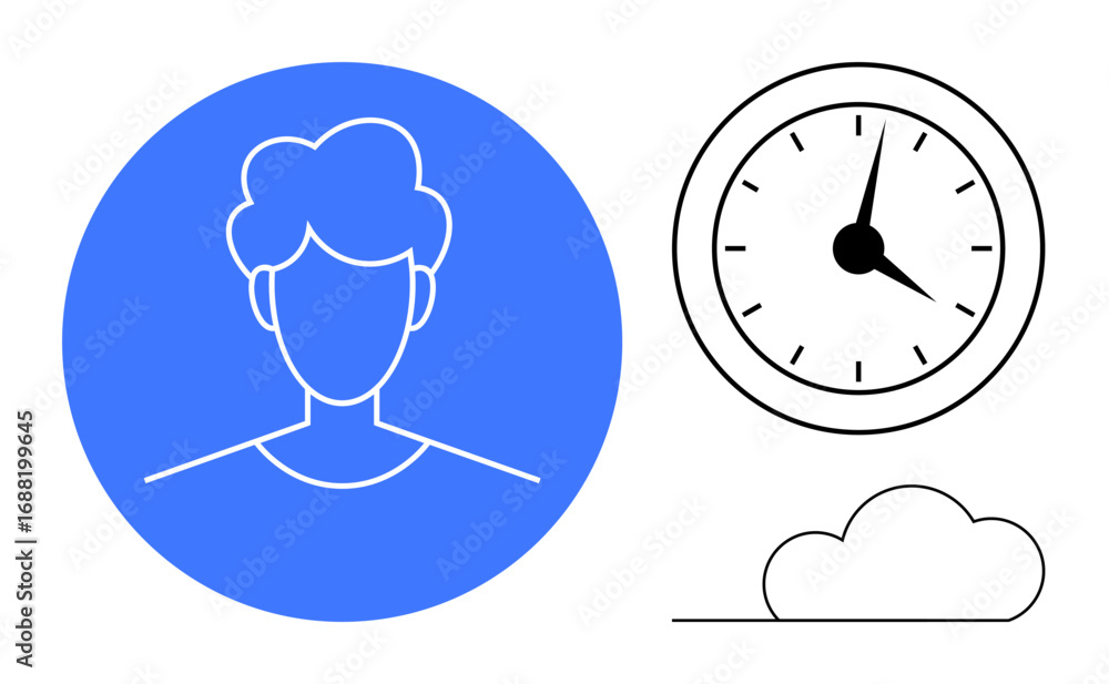 Poster outline portrait inside a blue circle next to a clock and a cloud. ideal for time management, produc