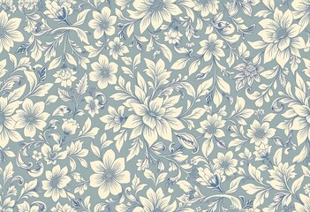 Intricate Victorian-style floral and foliage pattern in muted blue-grey and beige tones, blue, download