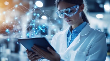 Close-up of a scientist analyzing molecular structures on a digital tablet on blurred background