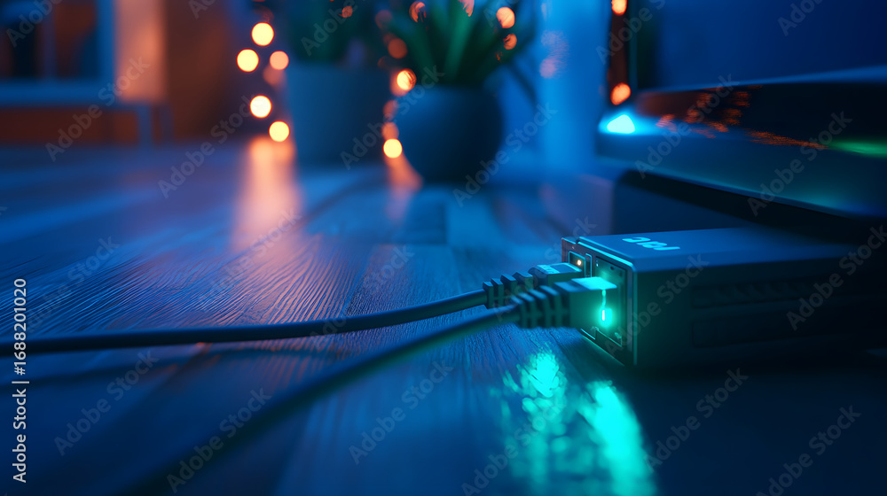 Poster reliable wired internet connection for a modern home network setup with glowing green indicator ligh