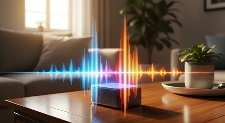 Smart speaker on a table with colorful soundwave visualizations in a living room setting.