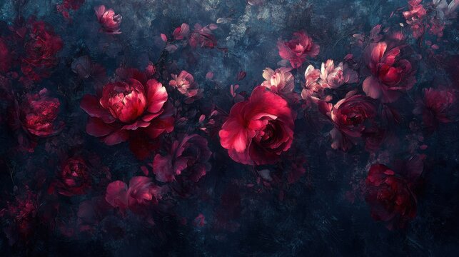 Dark artistic painting of vibrant pink and red roses floating on a textured navy blue and black background creating a mysterious blooming floral scene