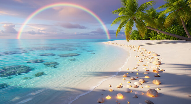 Tropical beach paradise with rainbow and shell pathway
