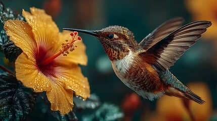 Beautiful hummingbird sipping nectar from hibiscus flower high resolution image