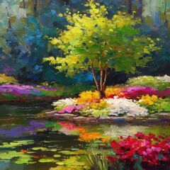 Vibrant landscape painting of a lush green tree surrounded by colorful blooming flowers and a reflective water body in a serene garden setting