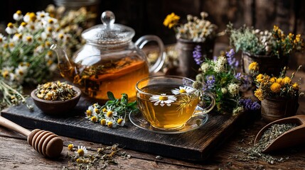 Rustic herbal tea scene with glass teapot, cup with chamomile flower, honey bowl, and fresh herbs including mint, lavender, and calendula. Warm lighting highlights textures.